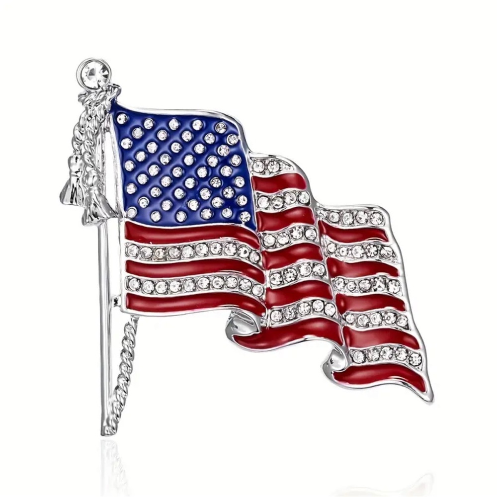 American Flag Brooch, Rhinestone American Flag Pin, 4th of July Brooch - Picture 2 of 5